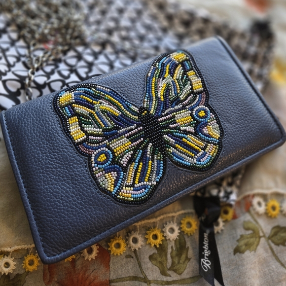 Brighton Beaded Butterfly Blue Leather Clutch Detachable Chain Strap